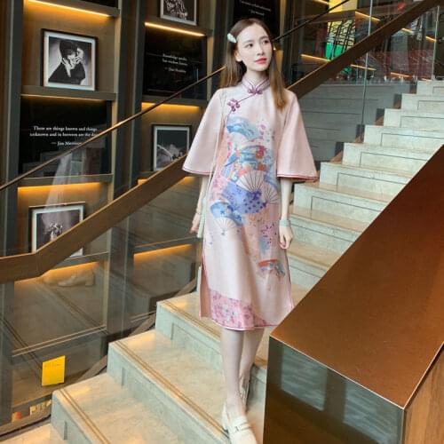Chinese Style Women Print Cheongsam Sexy Split Dancing Robe Gown Traditional Mandarin Collar Qipao Vestidos Girl Evening Dress