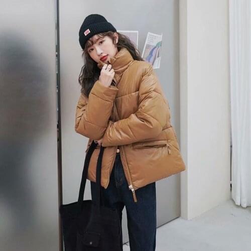 ZXQJ Women 2021 Fashion Shiny Zipper Hem Drawstring Bread Service Retro Long Sleeve Stand Collar Warm Outerwear Chic Tops