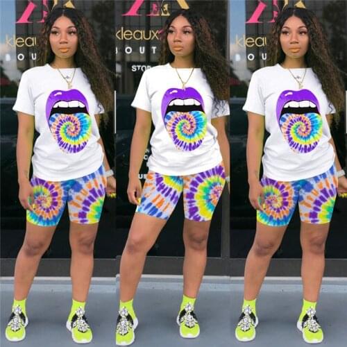 2PCS Sports Tie Dyeing Print Tops High Waist Biker Shorts Pants 2020 Womens Workout Outwear Tracksuit Outfit Casual 2 Piece Set