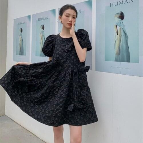 2021 Black Puff Sleeve Bow Dress Loose Women Sweet Fairy Party Cute Chic Dress Female Vestido Mujer