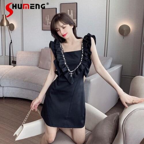 2021 Summer Women New Beads Light Luxury Graceful Ruffled Pleated Dress Ladies Fashion Square Collar Sleeveless Above Knee Dress