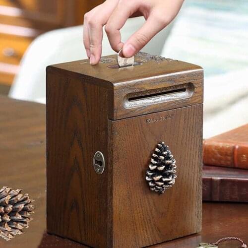 American creative solid wood coin deposit money banknotes piggy bank children large storage box with lock as gift