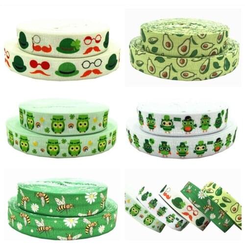 50 Yards 16mm St. Patricks Day Owl Bee Avocado printed foe Stretchy Ribbon strap DIY Girl Hair tie headbands Hair accessories