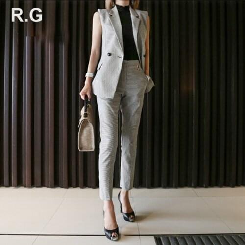 RG Korea Style Elegant Business Pants Suit Double Breast Houndstooth Vest and Cropped 2 Piece Set Pant Suits for Women 2018