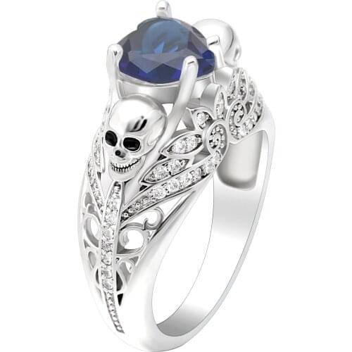 White gold color ring White Royal Blue with skeleton Wedding birth cz paved zircon cut modern Vintage Skull design rings jewelry