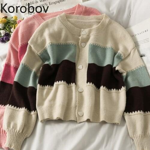 Korobov Korean Hit Color Patchwork Single Breasted Cardigans Sweaters Vintage O Neck Long Sleeve Sueter Mujer Sweet Crop Sweater