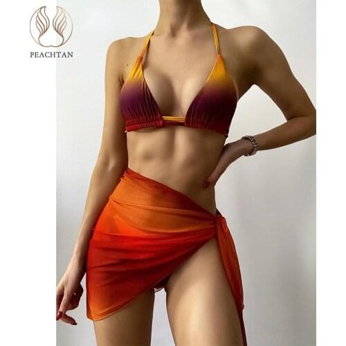 Peachtan Sexy string swimwear female Print bikini 2021 Triangle swimsuit women Skirt mesh 3 pieces set Micro bathing suit new