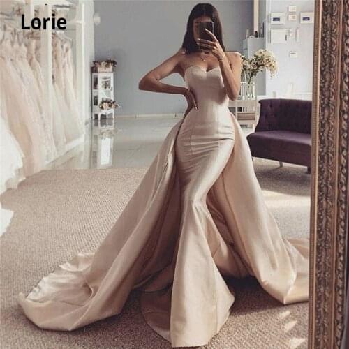 Lorie 2020 Strapless Satin Evening Dresses Mermaid Champagne Long Sleeveless Open Back Formal Prom Gown with Detachable Train