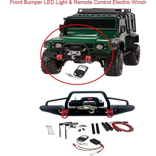 Metal Front Bumper with 2 LED Light & Remote Control Electric Winch for Traxxas TRX-4 TRX4 Defender SCX10II 90046 RC Car Parts