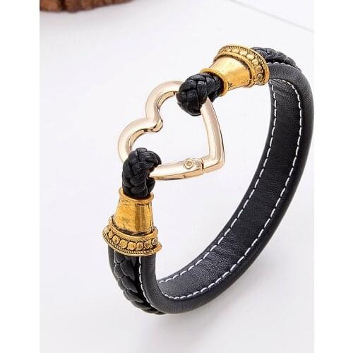 Trend Leather Rope Couple Bracelet For Lovers Heart Shape Spring Buckle Zinc Alloy Charm Bracelets For Women Best Friend Jewelry