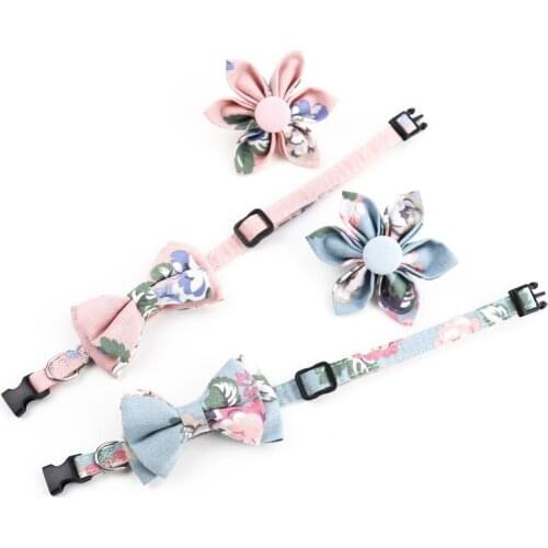 Flower Pattern Cat Collar with Bow tie Floral Kitten Necklace Adjustable Safe Breakaway Collars for Small Dog Rabbit Puppy Cat