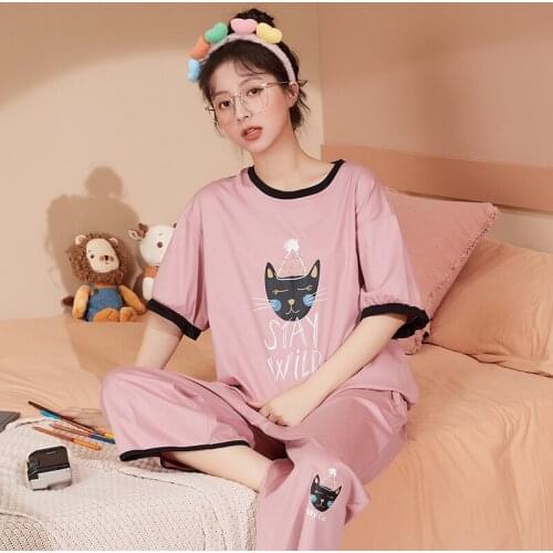 Spring Summer Cute Korean Loose Women Calf-Length Pants Pajamas Set Fashion Black O-Neck Cotton Cartoon Kawaii Girls Sleepwear