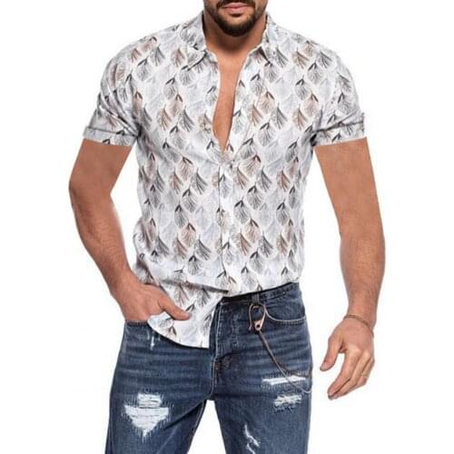 Plus Size M-4XL Summer Men Shirts Hawaiian Short Sleeve Work Shirt Men Leaf Print Blouse Men Casual men Button Up shirt