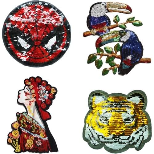 Large Size Heat Transfer Sequin Clothes Ironing DIY Hot Sticker Tiger Bird Womens Superhero Embroidery Patch Badge T-shirt