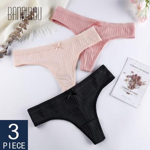 BANNIROU Cotton Thongs Panties Underwear For Woman Striped Bow Soft Mid Waist Female T-back G-string Cotton Woman 2021 New 3 Pcs