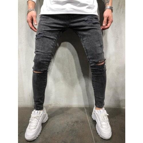 Skinny Jeans Men Fashion Knee Ripped Hole Stretch Black Jeans for Men Slim Fit Destroyed Denim Pencil Pants