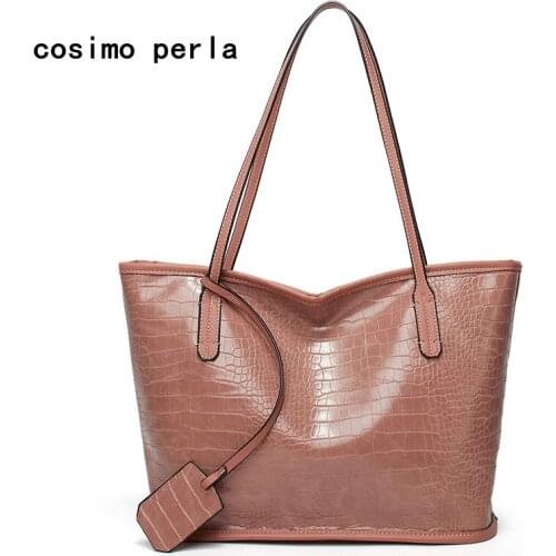 Vintage Alligator Pattern Pink Tote Handbags PU Leather Women Shoulder Bags and Purses European Large Shopping Work Bag