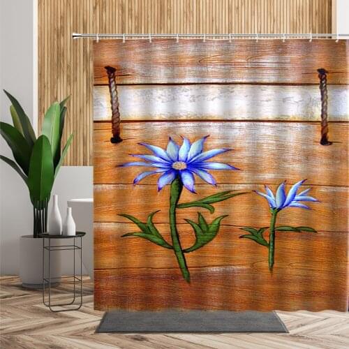 Retro Wooden Plank Flowers Shower Curtains Old Wood Grain Daisy Rural Style Bathroom Decoration Set Non-Slip Carpet Bath Curtain