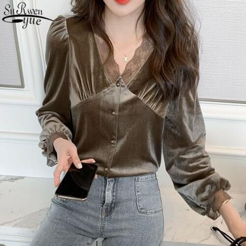 2021 Spring New Lace Sexy Blouse Korean Slim V-neck Blouse Women Long Sleeve Bottoming Shirt Gold Velvet Fashion Clothes 12627