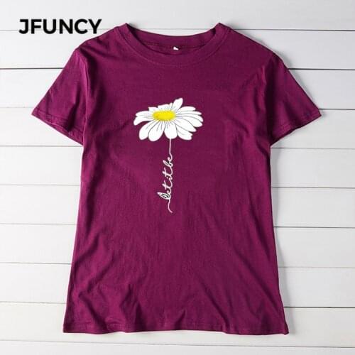 JFUNCY Flower Printed Women T-shirt Oversize 100% Cotton Short Sleeve Woman Tops Tee Summer Harajuku Female Shirts Casual Tshirt