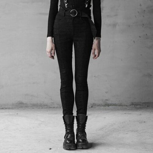 PUNKRAVE Womens Punk High Waist Strap Jeans Removable Shoulder Casual Sling Denim Trousers