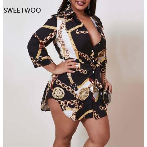 2021 New Womens Summer Long Tops Fashion Chain Print Stand Collar Shirt Dress Autumn Casual Wear