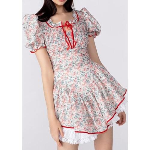 2021 Summer French Prairie Chic Lolita Maiden Floral Bandage Maid Dress Elegant Retro Woman Slim Gentle Fairy Renaissance Dress
