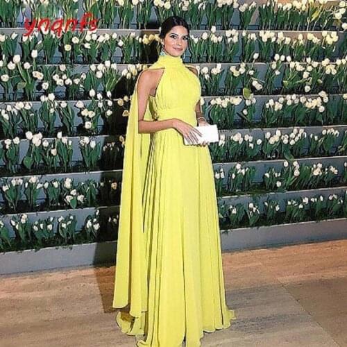 YNQNFSMH67 2019 Formal Dress Elegant Women Dress Chiffon Turtleneck Maternity Cloak Long Sleeve Yellow Evening Dress