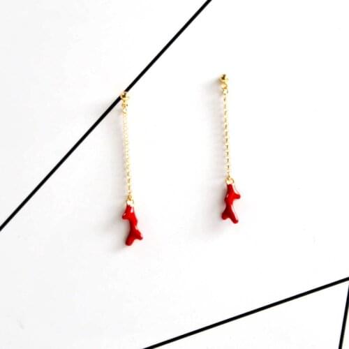 Gold fashion jewelry stud earrings epoxy red coral branch handmade designer for women gift sweet romantic style