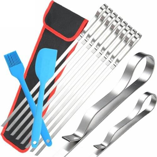 10pcs Stainless Steel Barbecue Kabob Sticks BBQ Grilling Skewers Needles Pin Long Flat Cooking Stick Kitchen Tools Set Supply