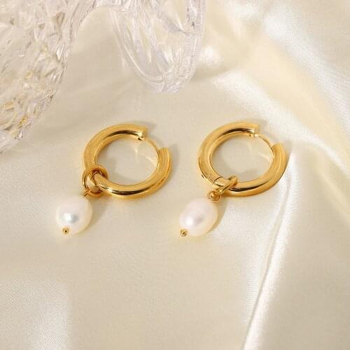 18k Gold Plated Stainless Steel Freshwater Pearl Pendant Huggie Earrings For Women Party Jewelry Accessories