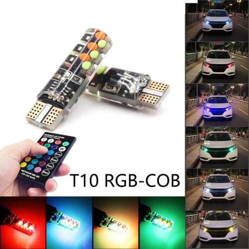 2x T10 W5W RGB LED Bulbs Remote Control COB-18 Silicone Shell Strobe Flash Auto Reading Lamp Car Headlight Light Signal Lamp