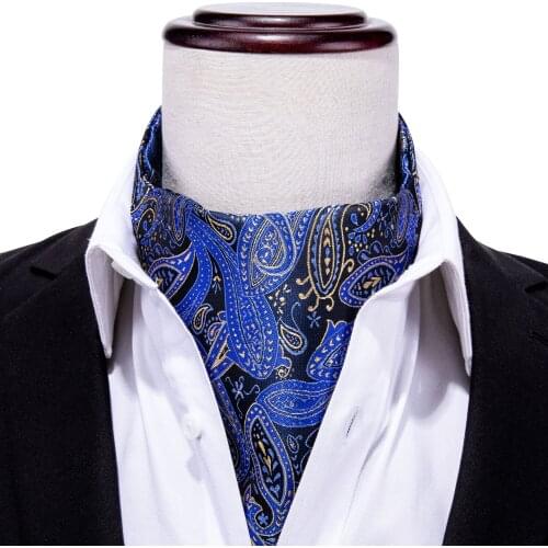 Ascot Tie For Men Silk Scarf Tie Suit Navy Paisley Mens Necktie Jacquard Set Pocket Square Cufflinks Barry.Wang AS-004