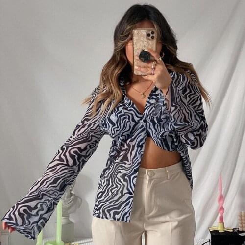 Womens Casual Button-Up Blouse Irregular Pattern Print See Through Long Sleeve Shirt Harajuku E-Girl Fashion Streetwear