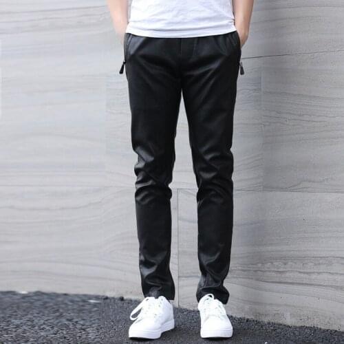 Mens Elastic Waist Pu Leather Harem Pants Straight Casual Streetwear Slim Fit Trousers Male Big Size Faux Leather Black Pants