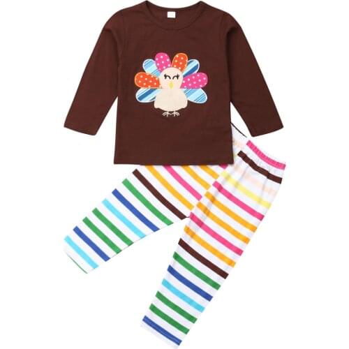 New Thanksgiving Cartoon Turkey print set Newborn Kids Baby Boy Girl Clothes Long Sleeve Tshirt Stripe Pants Outfits Set 1-5T