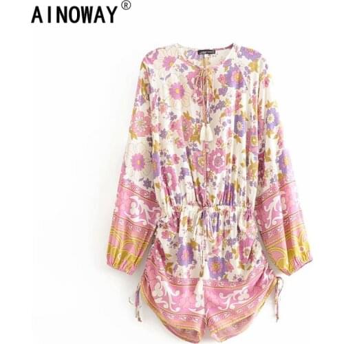 Vintage Chic Women Floral Print Sashes Boho Rompers Ladies V Neck Long Sleeve Tassel rayon Beach Jumpsuits Bodysuit