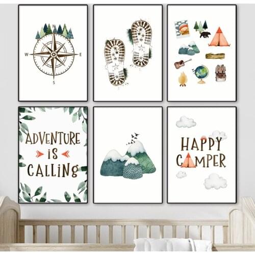 Compass Mountain Forest Tent Travel Wall Art Canvas Painting Cartoon Nordic Posters And Prints Wall Pictures For Kids Room Decor
