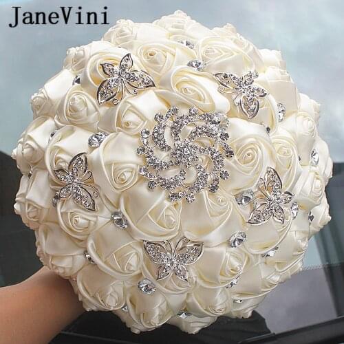 JaneVini Beautiful Ivory Bridal Bouquets Artificial Rhinestone Bouquet Brooch Holding Flowers Bruids Boeket Wedding Accessories