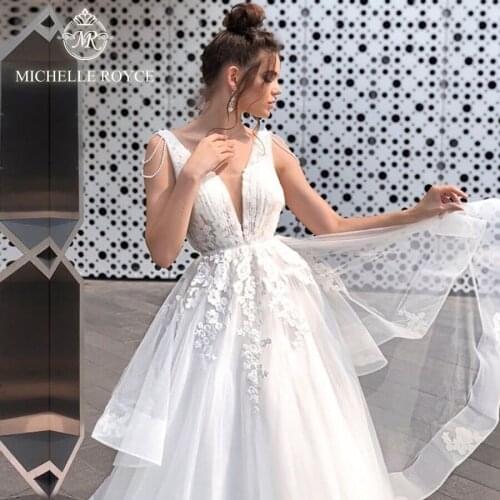 Michelle Royce A-Ling Wedding Dresses 2020 Sexy V-neck Appliques Beading Pearls Backless Tiered Chapel Train Vestido De Noiva
