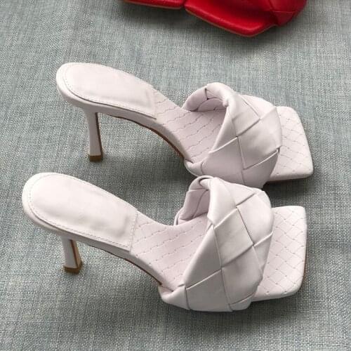 Fashion Square Toe Weave High Heels Shoes Women Slippers Leather Luxury Designer Ladies Street Beach Sandals Slides Shoes