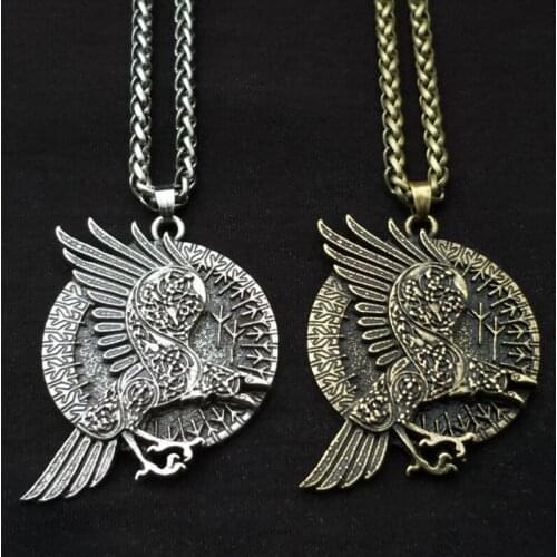 Fashion men Norse Odin Symbol Viking Raven Amulet Runes Algiz Protection Wicca Talisman Crow Pendant Necklace Men Dropshipping