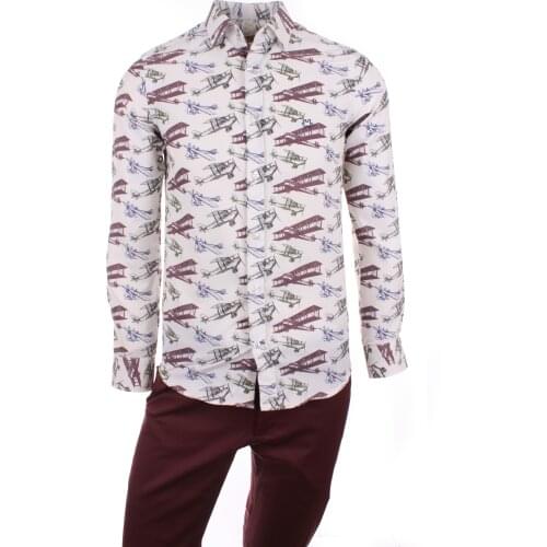 Gentilbay Mens Airplane Digital Printed Cotton Red Burgundy Slimfit Long-Sleeve Sport Classic Shirt DPD079