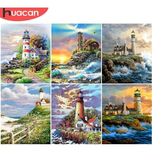 HUACAN Painting By Number Lighthouse Unique Gift DIY Pictures By Numbers Seaside Scenery Kits Home Decor For Living Room