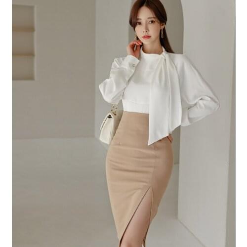 New runway skirt suits womens Elegant vintage White blouse shirts tops + sexy pencil skirt suits set
