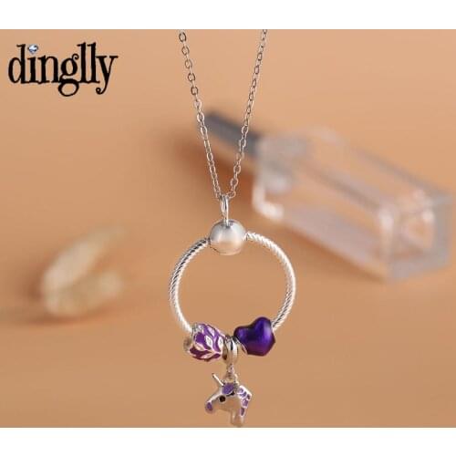 Dinglly New Purple Heart Beads Unicorn Dangle Pendant Necklace Leaf Charm Necklace For Women Original Girls Collar Jewelry Gift