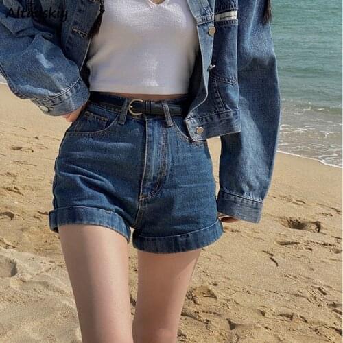 Shorts Women Fashion Vintage Crimping Denim A-line High Waist Skinny All-match Wide Leg Trousers Summer Ulzzang Retros Preppy
