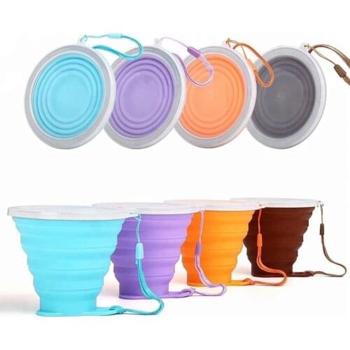 Silicone Foldable Cup BPA-Free Collapsible Travel Mugs Folding Cups with Plastic Sealing Lid Reusable Portable Cup Set for Picni