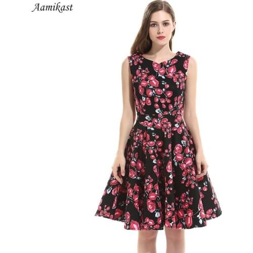 Print vintage dresses style 1950s cute party dress with sashes summer dress sleeveless dresses