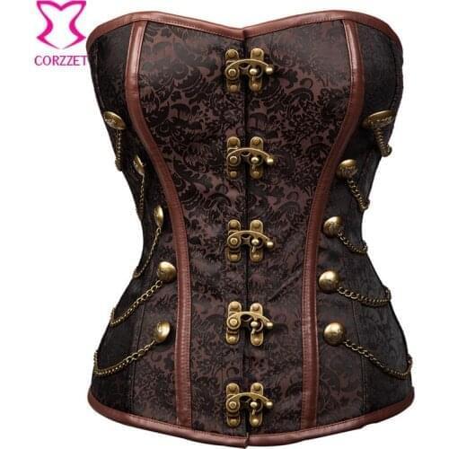 Vintage Brown Brocade Burlesque Costume Waist Trainer Waist Slimming Corsets and Bustiers Steampunk Corset Steel Gothic Clothing